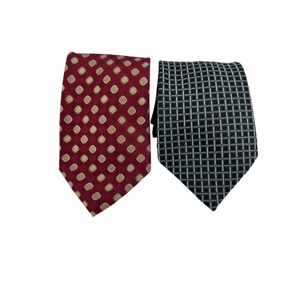 Jones New York Silk Tie Lot of 2 Burgundy Polka Dot & Gray Geometric Neckties